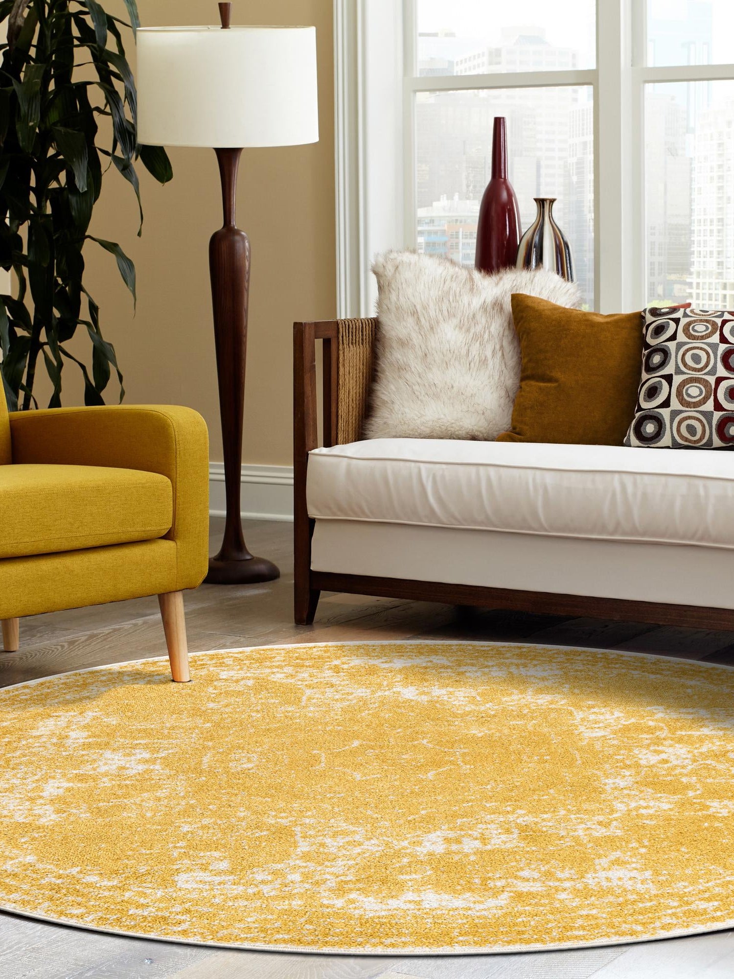 Yellow 10' x 10' Bromley Round Area Rug 100% Polypropylene With Cotton Backing Vintage Distressed Colorful Traditional Carpet for Living Dining Rooms Offices for Sale at Rug Engine