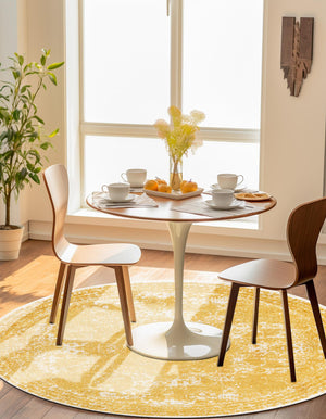 Yellow 7' 10 x 7' 10 Bromley Round Area Rug 100% Polypropylene With Cotton Backing Vintage Distressed Colorful Traditional Carpet for Living Dining Rooms Offices for Sale at Rug Engine