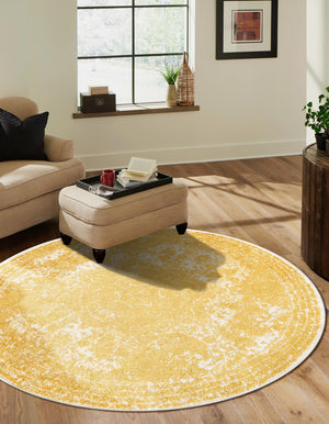 Yellow 7' 10 x 7' 10 Bromley Round Area Rug 100% Polypropylene With Cotton Backing Vintage Distressed Colorful Traditional Carpet for Living Dining Rooms Offices for Sale at Rug Engine
