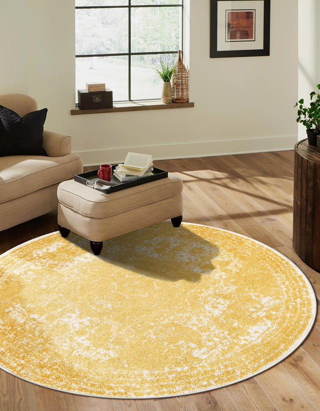 Yellow 7' 10 x 7' 10 Bromley Round Area Rug 100% Polypropylene With Cotton Backing Vintage Distressed Colorful Traditional Carpet for Living Dining Rooms Offices for Sale at Rug Engine
