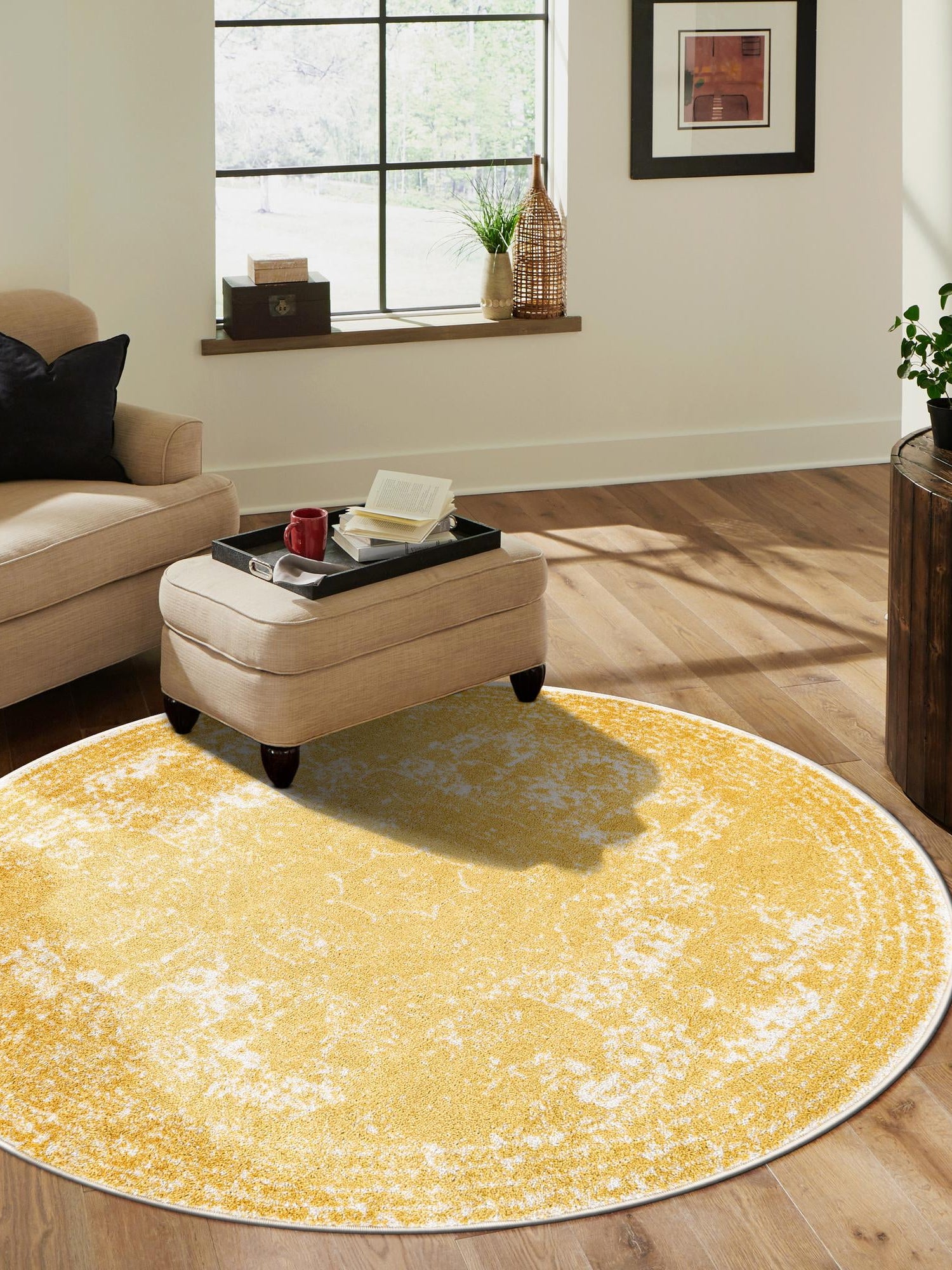 Yellow 3' 1 x 3' 1 Bromley Round Area Rug 100% Polypropylene With Cotton Backing Vintage Distressed Colorful Traditional Carpet for Living Dining Rooms Offices for Sale at Rug Engine