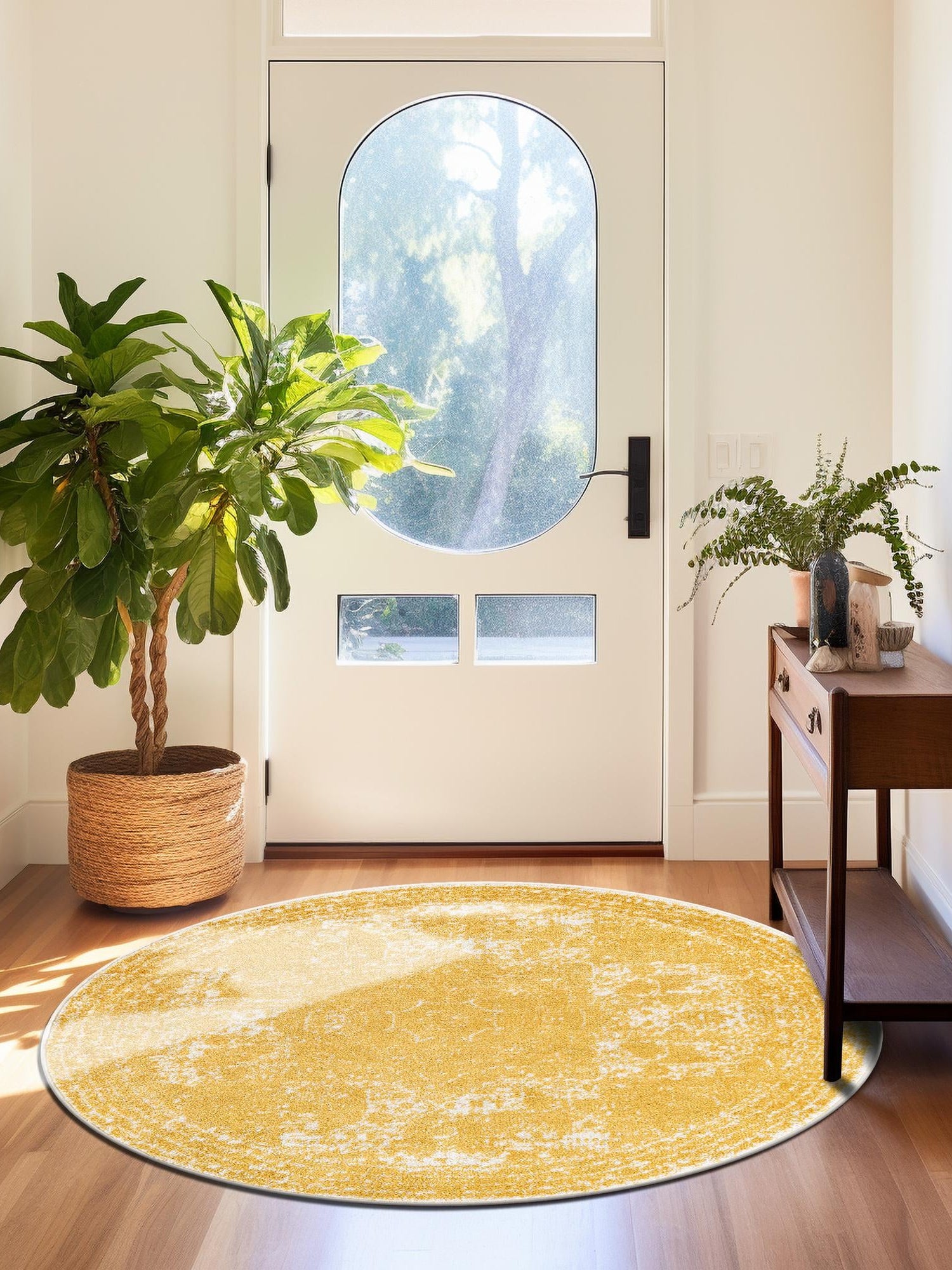 Yellow 7' 10 x 7' 10 Bromley Round Area Rug 100% Polypropylene With Cotton Backing Vintage Distressed Colorful Traditional Carpet for Living Dining Rooms Offices for Sale at Rug Engine