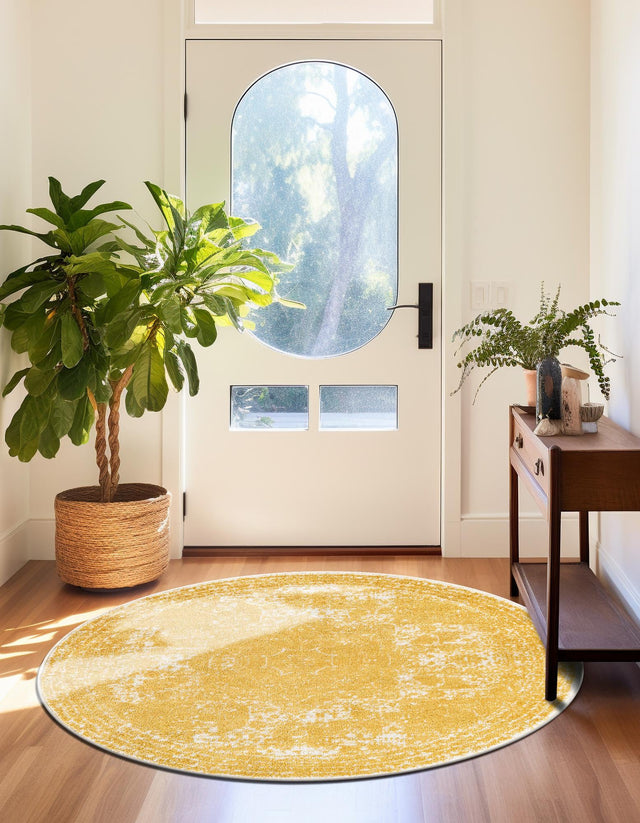 Yellow 5' 3 x 5' 3 Bromley Round Area Rug 100% Polypropylene With Cotton Backing Vintage Distressed Colorful Traditional Carpet for Living Dining Rooms Offices for Sale at Rug Engine