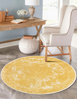 Yellow 12' x 12' Bromley Round Area Rug 100% Polypropylene With Cotton Backing Vintage Distressed Colorful Traditional Carpet for Living Dining Rooms Offices for Sale at Rug Engine