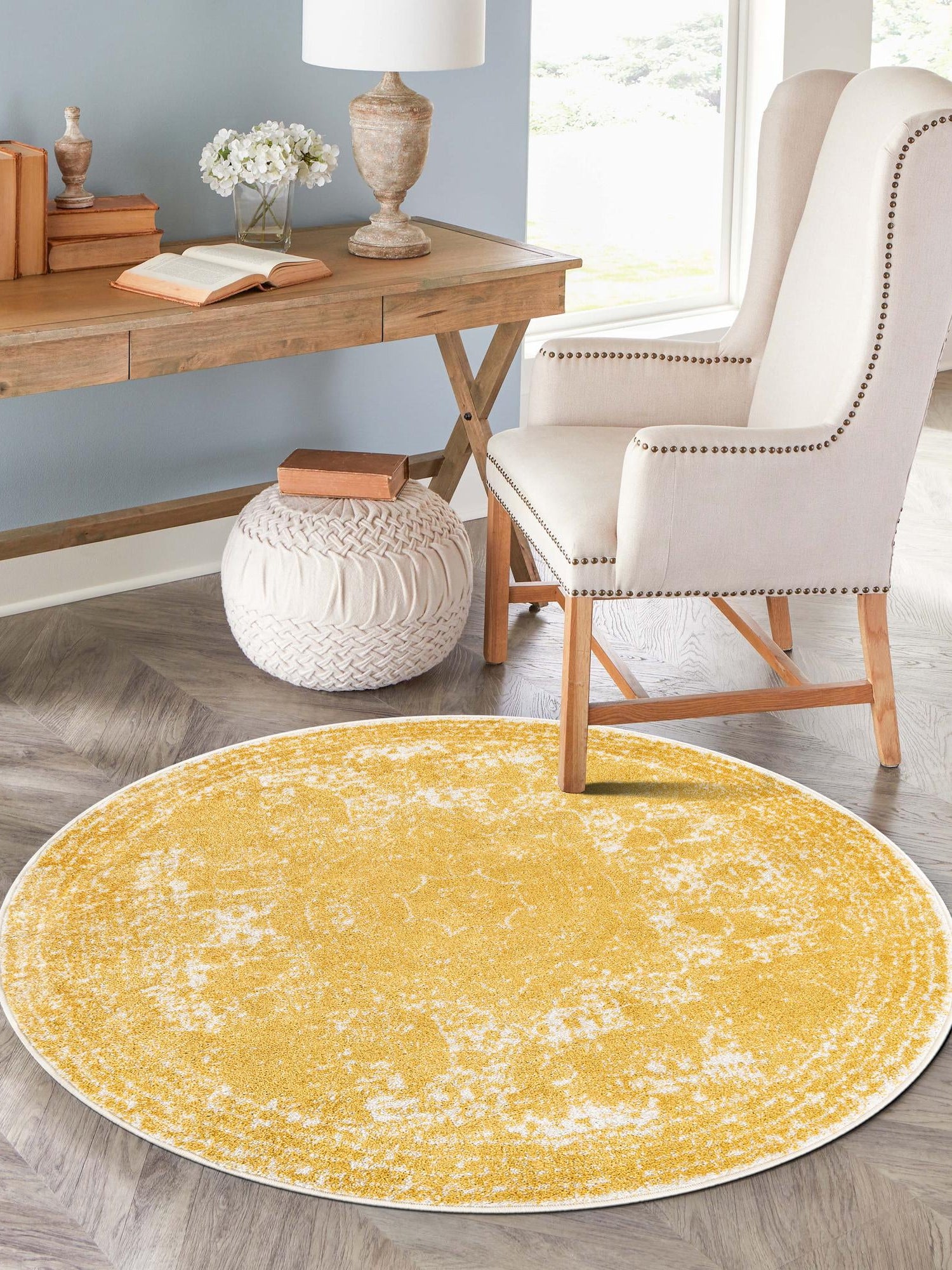 Yellow 7' 10 x 7' 10 Bromley Round Area Rug 100% Polypropylene With Cotton Backing Vintage Distressed Colorful Traditional Carpet for Living Dining Rooms Offices for Sale at Rug Engine