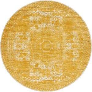 Yellow 7' 10 x 7' 10 Bromley Round Area Rug 100% Polypropylene With Cotton Backing Vintage Distressed Colorful Traditional Carpet for Living Dining Rooms Offices for Sale at Rug Engine