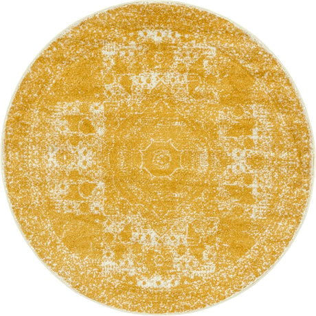Yellow 5' 3 x 5' 3 Bromley Round Area Rug 100% Polypropylene With Cotton Backing Vintage Distressed Colorful Traditional Carpet for Living Dining Rooms Offices for Sale at Rug Engine