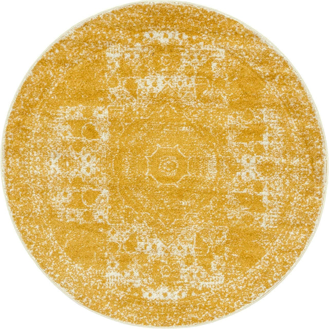 Yellow 5' 3 x 5' 3 Bromley Round Area Rug 100% Polypropylene With Cotton Backing Vintage Distressed Colorful Traditional Carpet for Living Dining Rooms Offices for Sale at Rug Engine