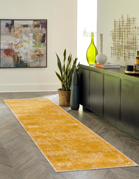 Yellow 2' x 9' Bromley Runner Area Rug 100% Polypropylene With Cotton Backing Vintage Distressed Colorful Traditional Carpet for Living Dining Rooms Offices for Sale at Rug Engine