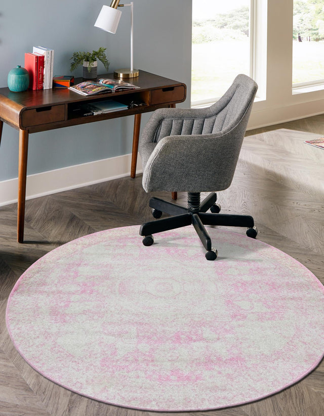Pink 3' 1 x 3' 1 Bromley Round Area Rug 100% Polypropylene With Cotton Backing Vintage Distressed Colorful Traditional Carpet for Living Dining Rooms Offices for Sale at Rug Engine