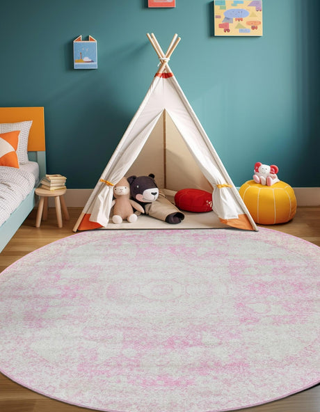 Pink 2' x 7' 10 Bromley Round Area Rug 100% Polypropylene With Cotton Backing Vintage Distressed Colorful Traditional Carpet for Living Dining Rooms Offices for Sale at Rug Engine