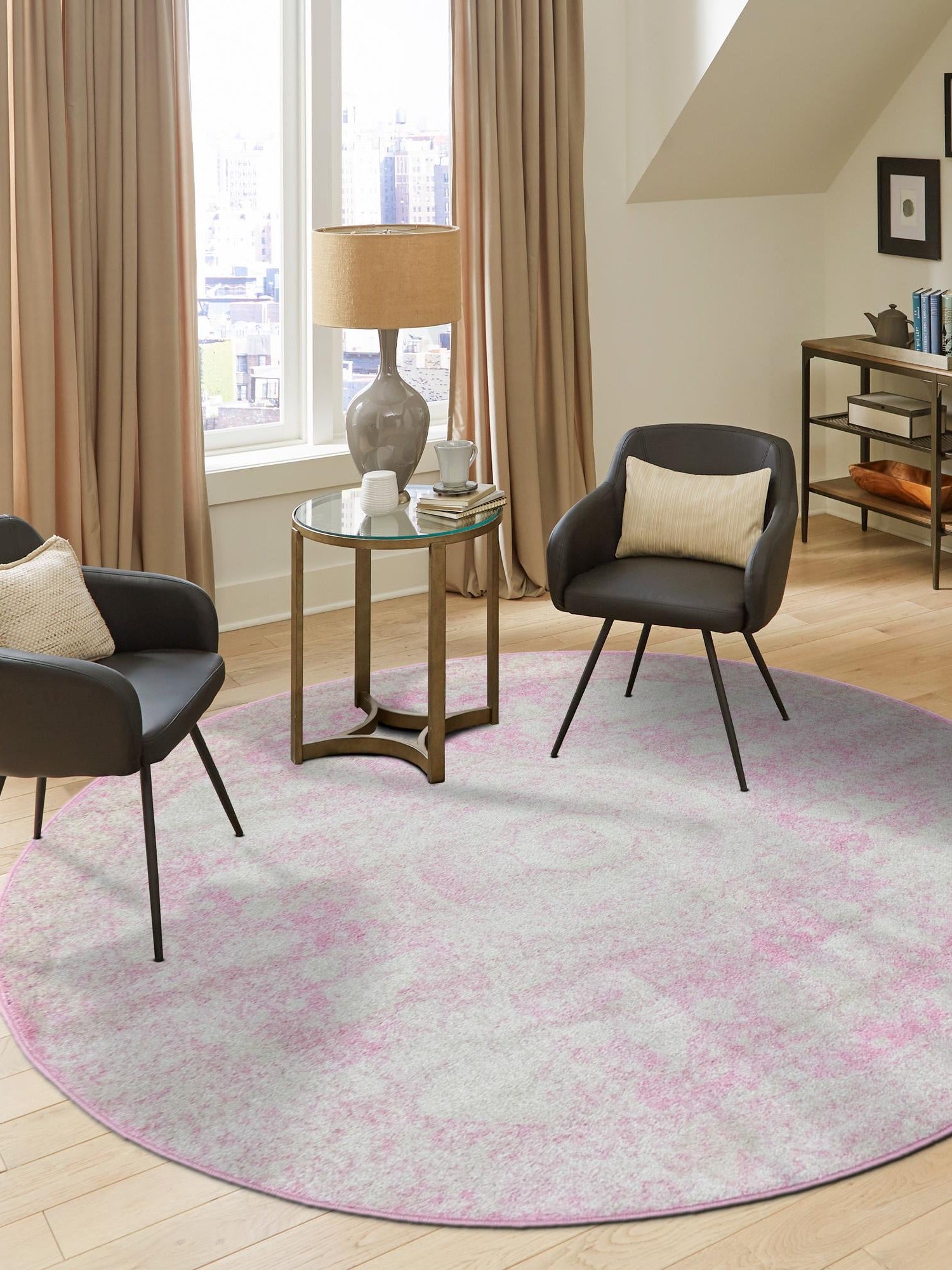 Pink 5' 3 x 5' 3 Bromley Round Area Rug 100% Polypropylene With Cotton Backing Vintage Distressed Colorful Traditional Carpet for Living Dining Rooms Offices for Sale at Rug Engine