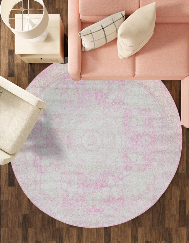 Pink 3' 1 x 3' 1 Bromley Round Area Rug 100% Polypropylene With Cotton Backing Vintage Distressed Colorful Traditional Carpet for Living Dining Rooms Offices for Sale at Rug Engine