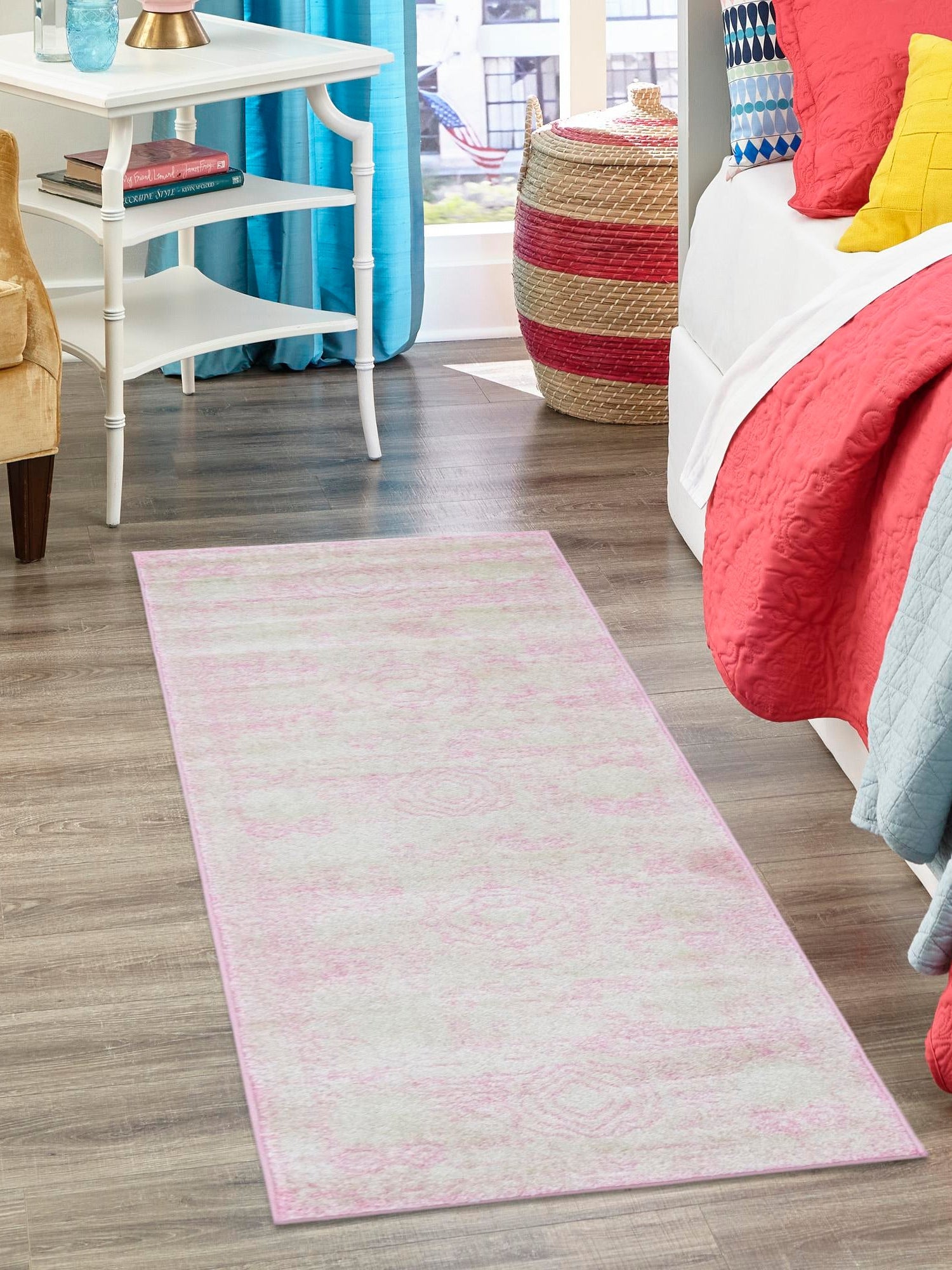 Pink 2' x 7' 1 Bromley Runner Area Rug 100% Polypropylene With Cotton Backing Vintage Distressed Colorful Traditional Carpet for Living Dining Rooms Offices for Sale at Rug Engine