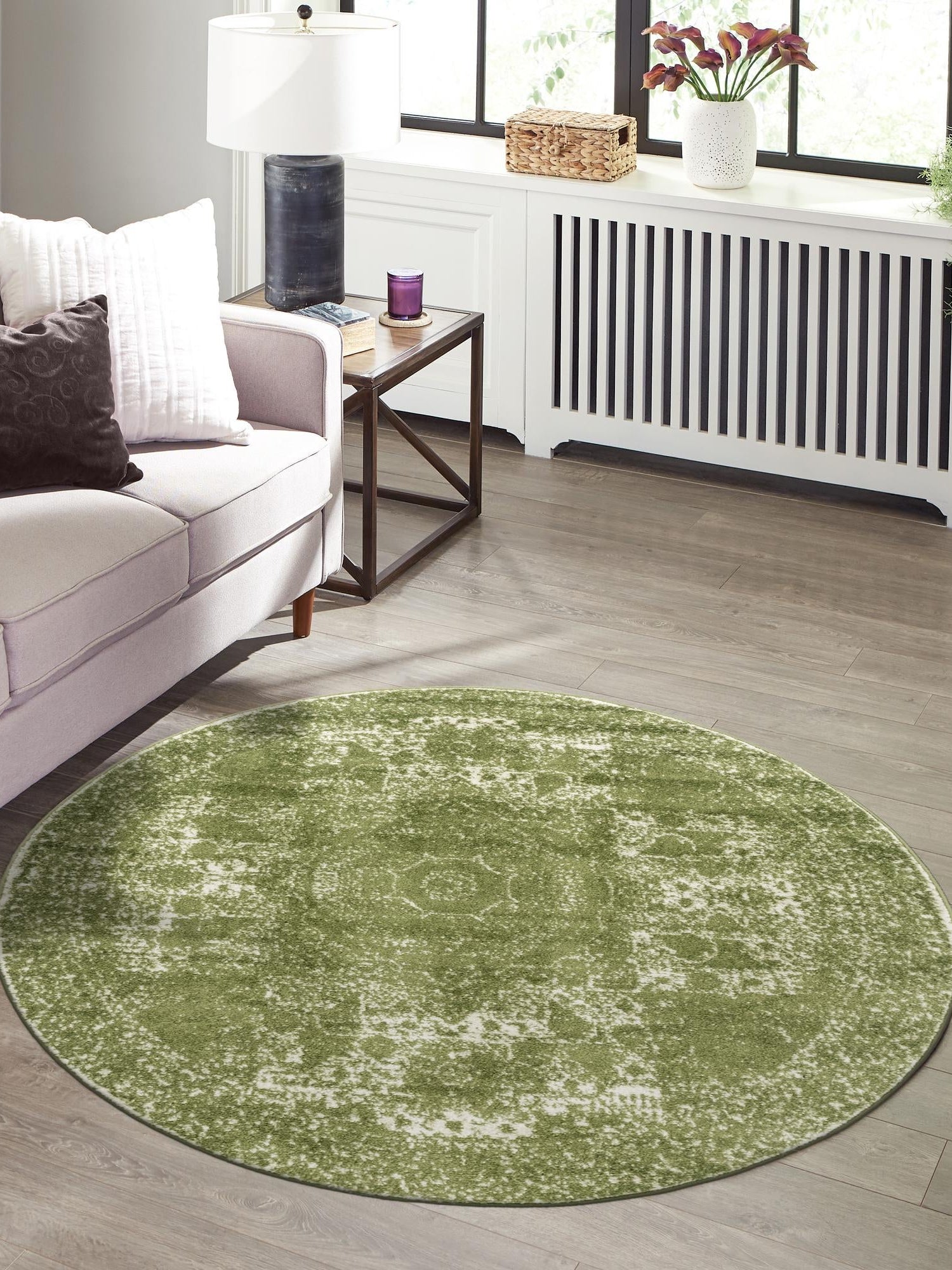 Green 5' 3 x 5' 3 Bromley Round Area Rug 100% Polypropylene With Cotton Backing Vintage Distressed Colorful Traditional Carpet for Living Dining Rooms Offices for Sale at Rug Engine
