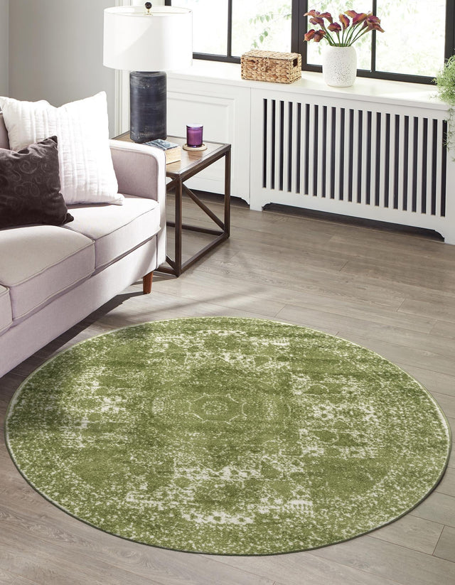Green 3' 1 x 3' 1 Bromley Round Area Rug 100% Polypropylene With Cotton Backing Vintage Distressed Colorful Traditional Carpet for Living Dining Rooms Offices for Sale at Rug Engine