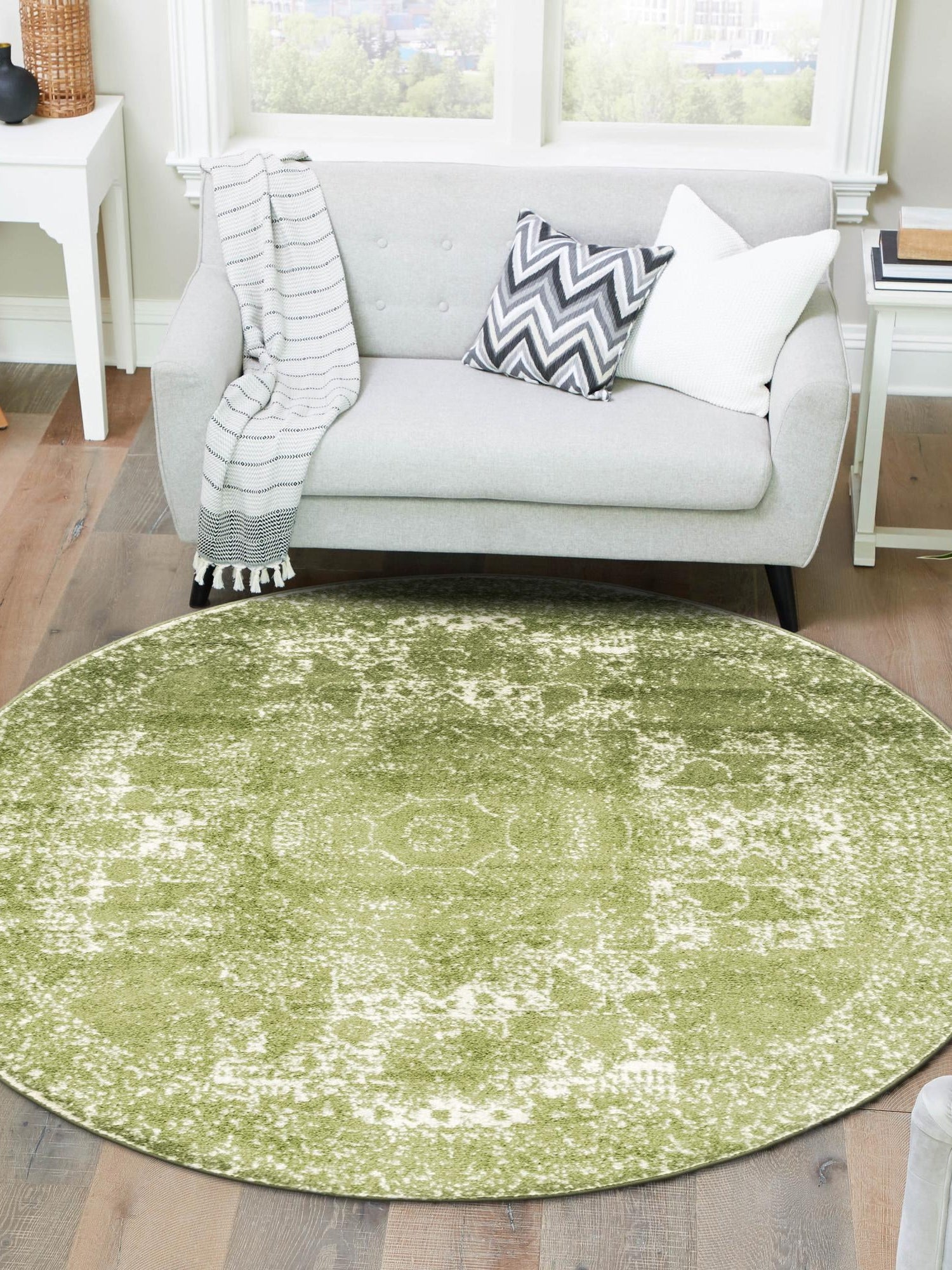 Green 3' 1 x 3' 1 Bromley Round Area Rug 100% Polypropylene With Cotton Backing Vintage Distressed Colorful Traditional Carpet for Living Dining Rooms Offices for Sale at Rug Engine