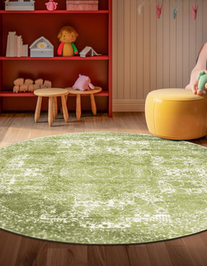Green 7' 10 x 7' 10 Bromley Round Area Rug 100% Polypropylene With Cotton Backing Vintage Distressed Colorful Traditional Carpet for Living Dining Rooms Offices for Sale at Rug Engine