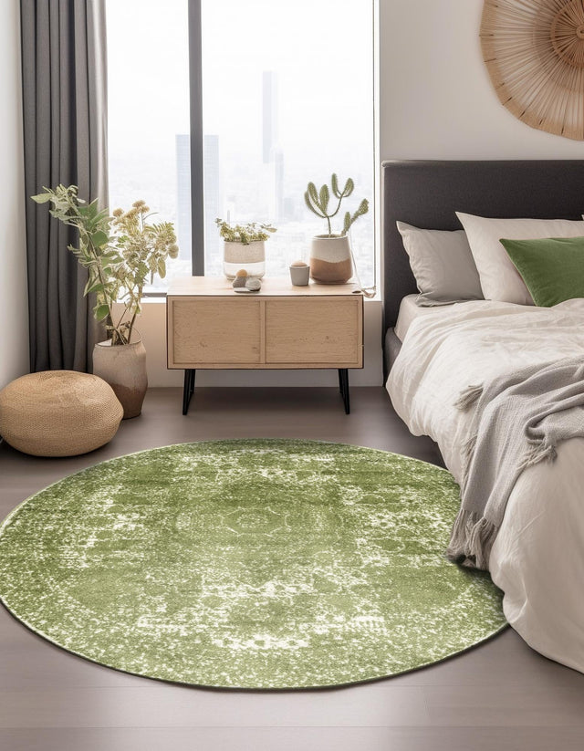Green 7' 10 x 7' 10 Bromley Round Area Rug 100% Polypropylene With Cotton Backing Vintage Distressed Colorful Traditional Carpet for Living Dining Rooms Offices for Sale at Rug Engine