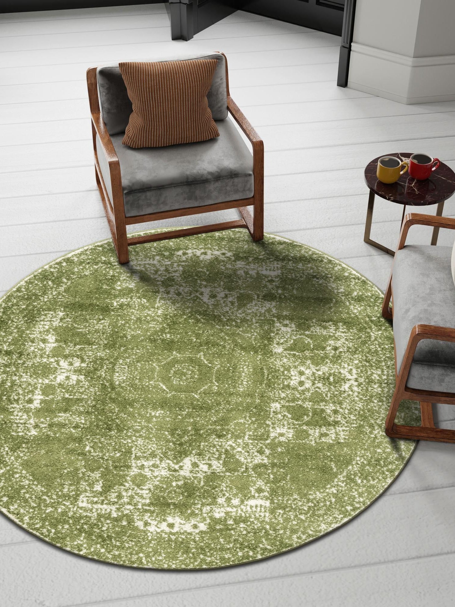 Green 7' 10 x 7' 10 Bromley Round Area Rug 100% Polypropylene With Cotton Backing Vintage Distressed Colorful Traditional Carpet for Living Dining Rooms Offices for Sale at Rug Engine