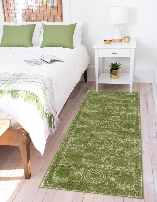Green 2' x 9' Bromley Runner Area Rug 100% Polypropylene With Cotton Backing Vintage Distressed Colorful Traditional Carpet for Living Dining Rooms Offices for Sale at Rug Engine