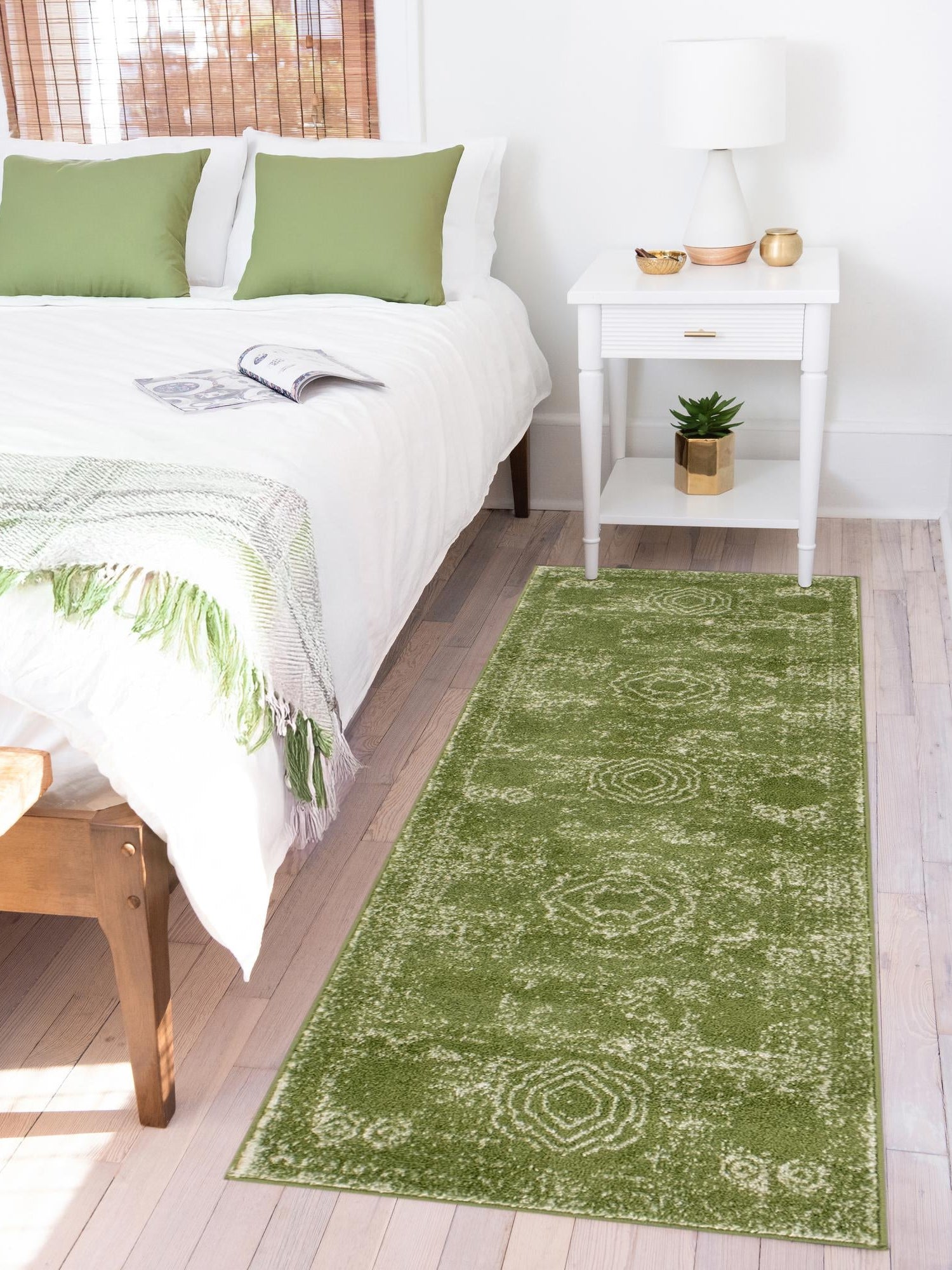 Green 2' x 7' 1 Bromley Runner Area Rug 100% Polypropylene With Cotton Backing Vintage Distressed Colorful Traditional Carpet for Living Dining Rooms Offices for Sale at Rug Engine