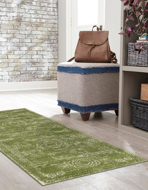 Green 2' x 9' Bromley Runner Area Rug 100% Polypropylene With Cotton Backing Vintage Distressed Colorful Traditional Carpet for Living Dining Rooms Offices for Sale at Rug Engine