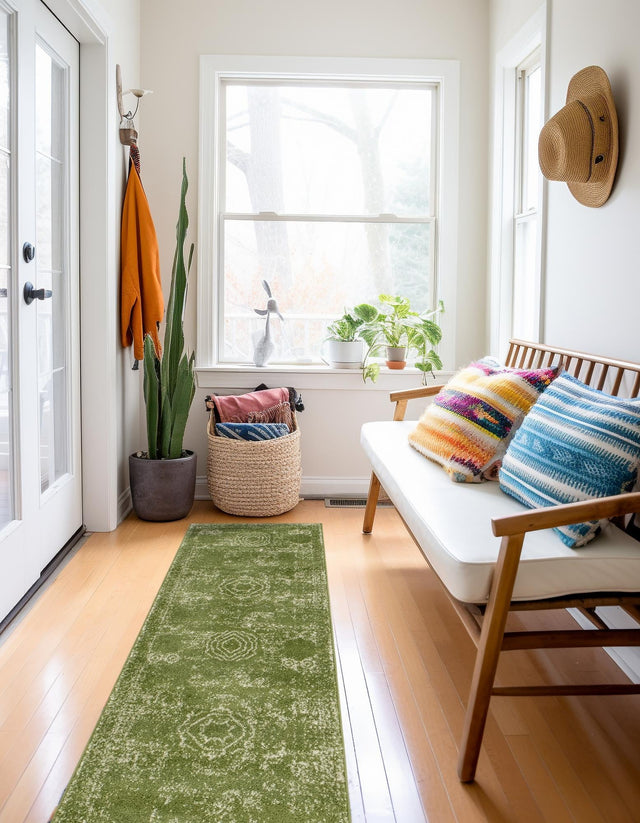 Green 2' x 13' 1 Bromley Runner Area Rug 100% Polypropylene With Cotton Backing Vintage Distressed Colorful Traditional Carpet for Living Dining Rooms Offices for Sale at Rug Engine