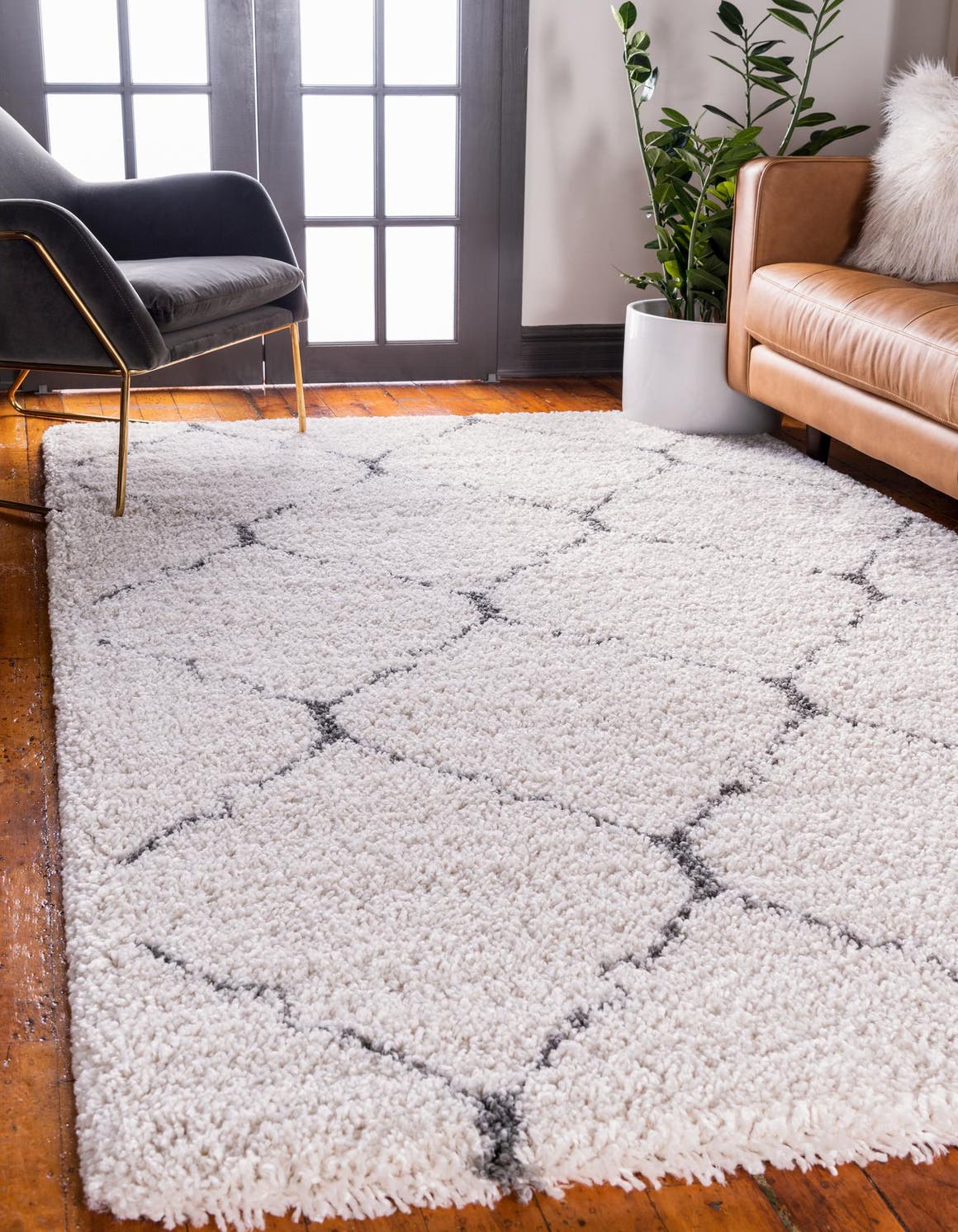 Ivory 3' 3 x 5' 3 Rabat Shag Rectangle Area Rug Thick Soft Touch Fluffy & Plush Shaggy Pile Durable Geometric Carpet for Luxury Interior Design for Sale at Rug Engine