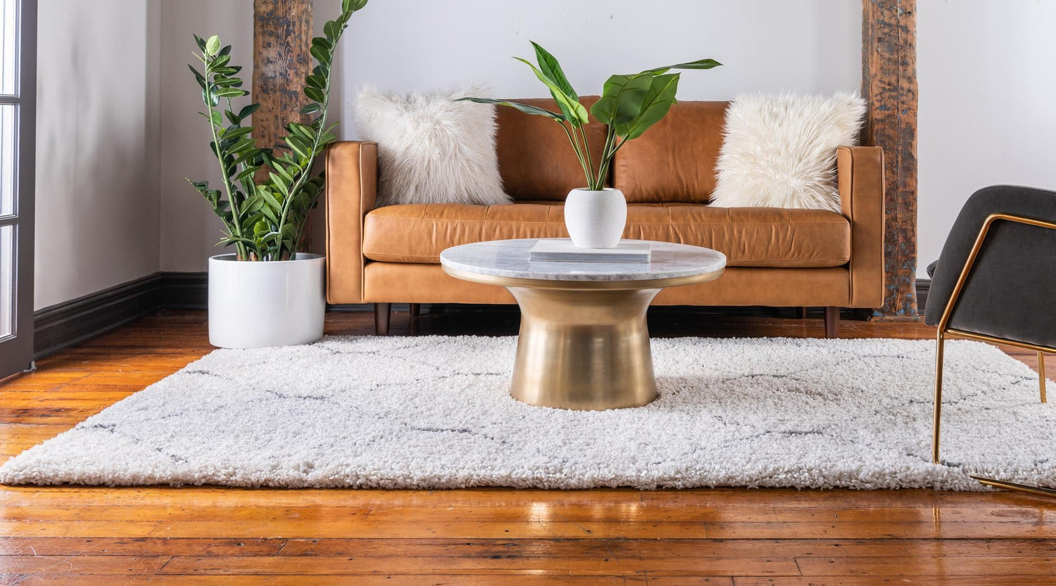 Ivory 7' 1 x 10' Rabat Shag Rectangle Area Rug Thick Soft Touch Fluffy & Plush Shaggy Pile Durable Geometric Carpet for Luxury Interior Design for Sale at Rug Engine