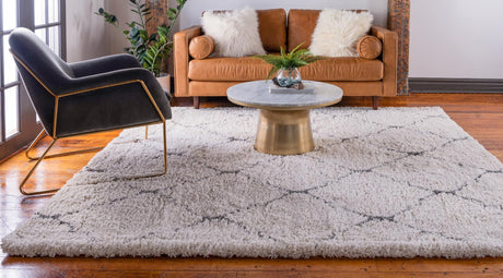 Ivory 8' x 8' Rabat Shag Square Area Rug Thick Soft Touch Fluffy & Plush Shaggy Pile Durable Geometric Carpet for Luxury Interior Design for Sale at Rug Engine