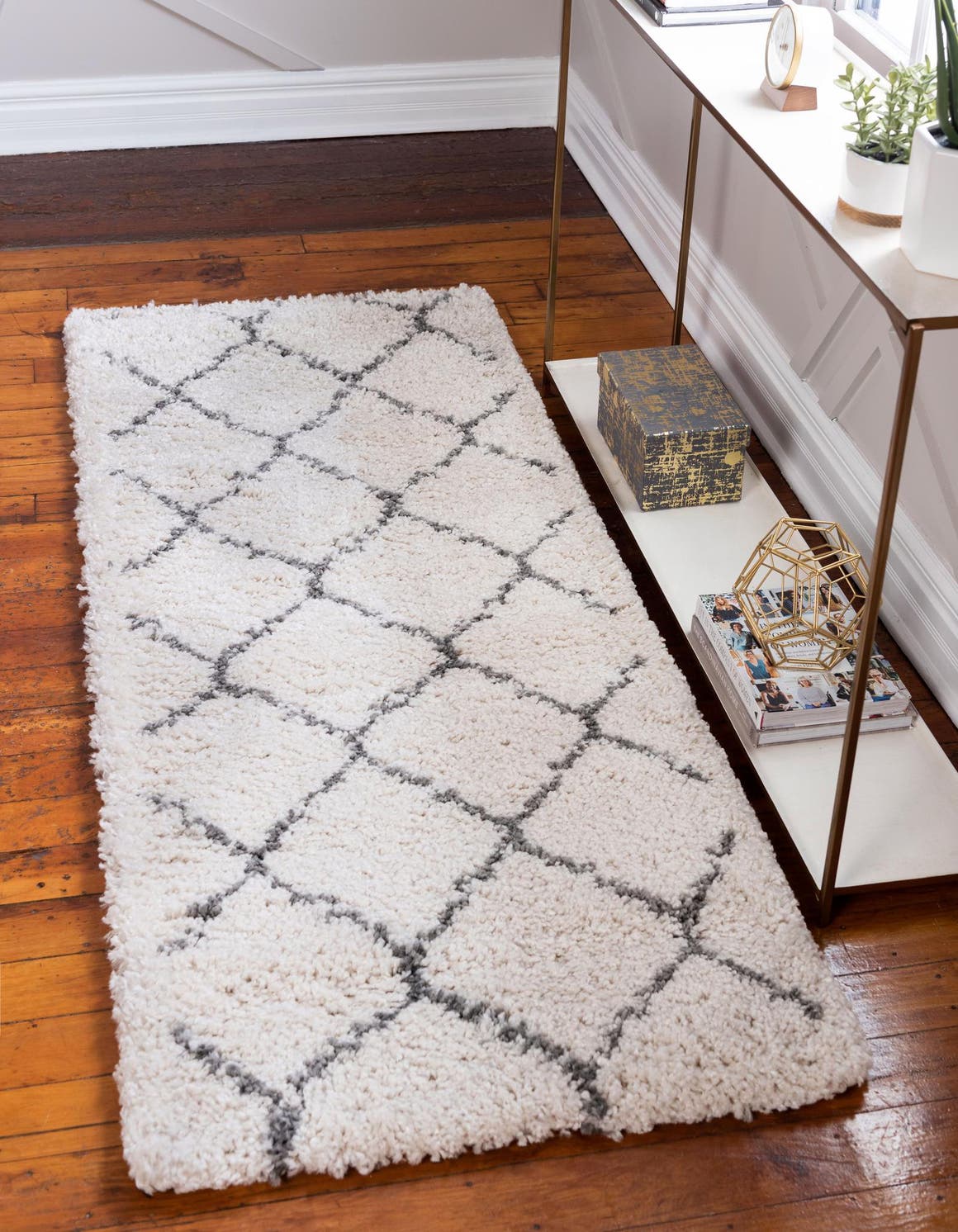 Ivory 2' x 8' Rabat Shag Runner Area Rug Thick Soft Touch Fluffy & Plush Shaggy Pile Durable Geometric Carpet for Luxury Interior Design for Sale at Rug Engine