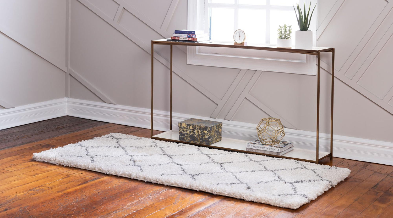 Ivory 2' x 7' 1 Rabat Shag Runner Area Rug Thick Soft Touch Fluffy & Plush Shaggy Pile Durable Geometric Carpet for Luxury Interior Design for Sale at Rug Engine