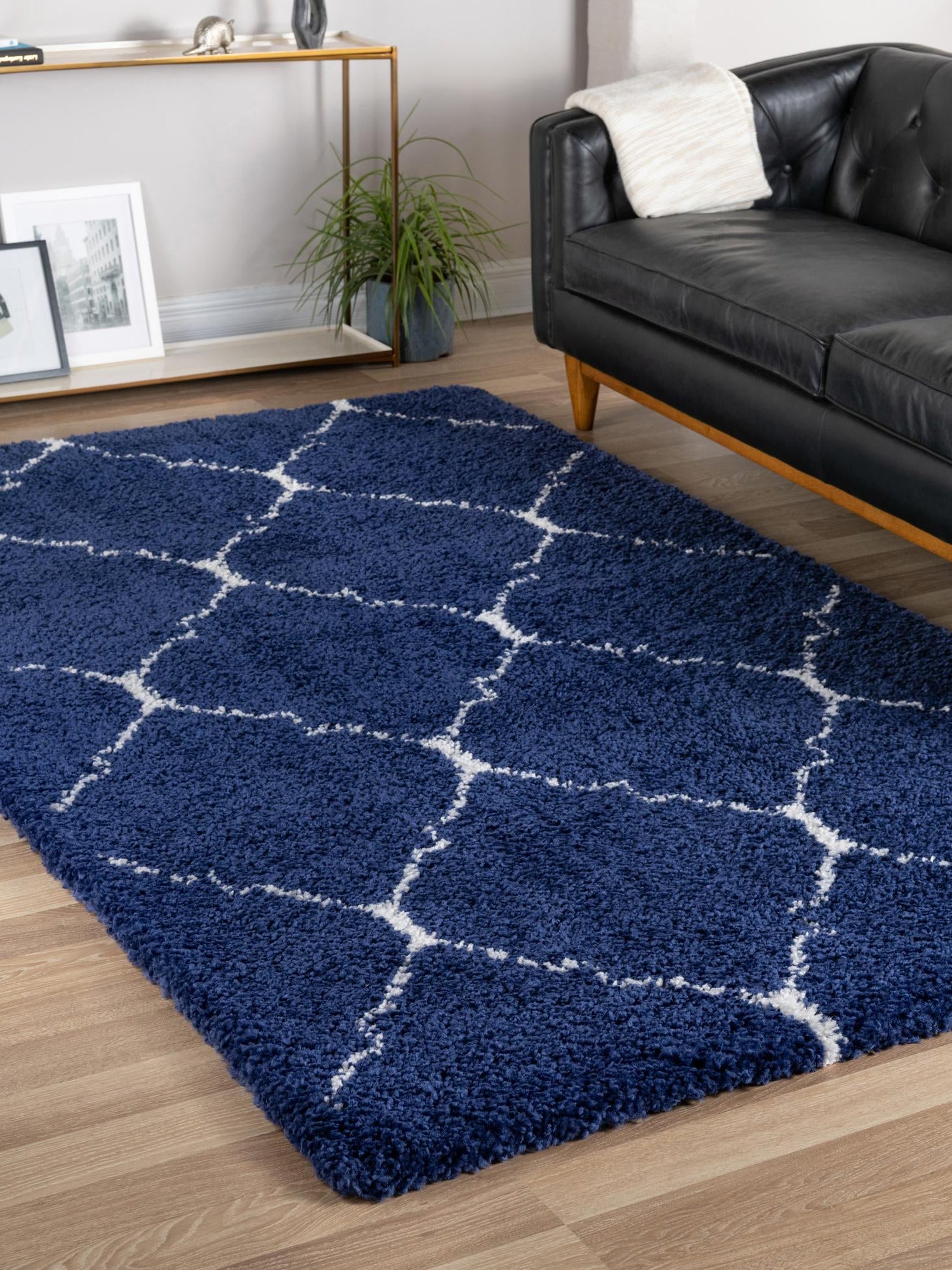 Navy Blue 4' 1 x 6' 1 Rabat Shag Rectangle Area Rug Thick Soft Touch Fluffy & Plush Shaggy Pile Durable Geometric Carpet for Luxury Interior Design for Sale at Rug Engine