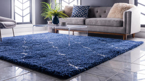 Navy Blue 7' 10 x 7' 10 Rabat Shag Square Area Rug Thick Soft Touch Fluffy & Plush Shaggy Pile