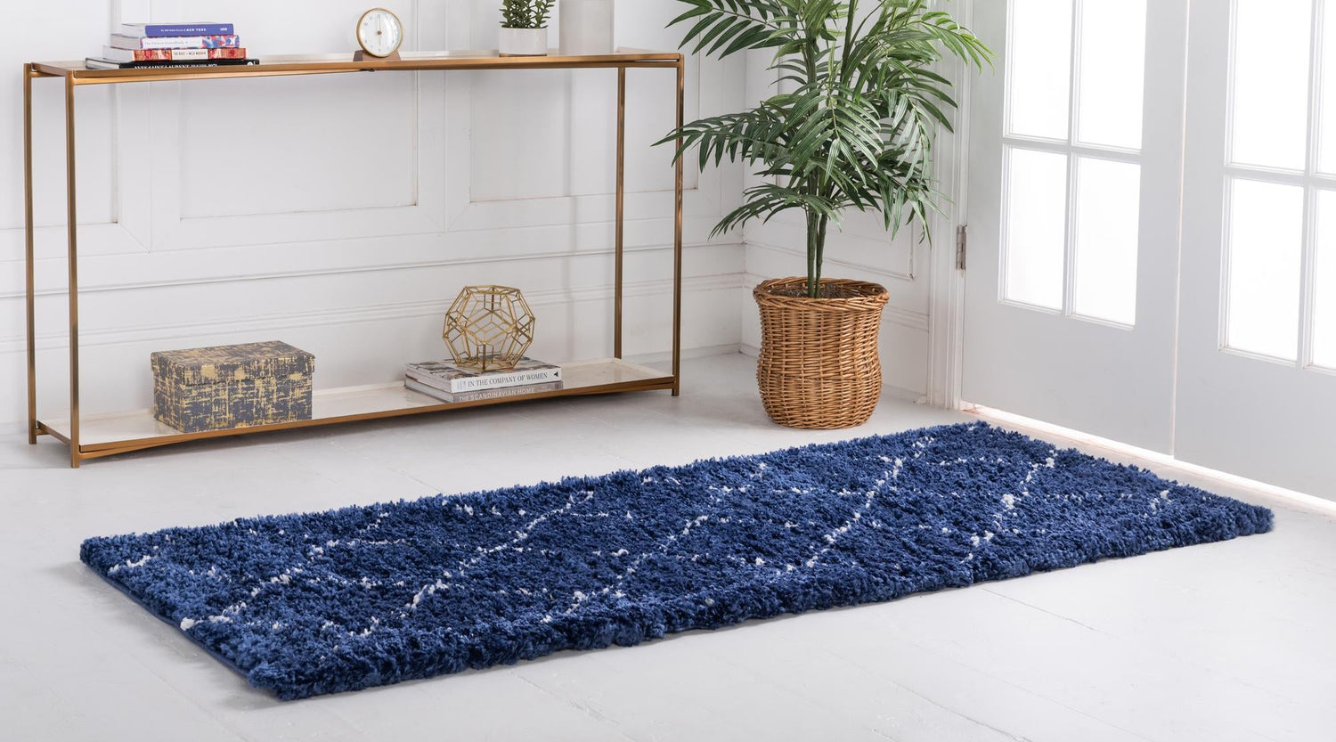 Navy Blue 2' 7 x 10' Rabat Shag Runner Area Rug Thick Soft Touch Fluffy & Plush Shaggy Pile Durable Geometric Carpet for Luxury Interior Design for Sale at Rug Engine