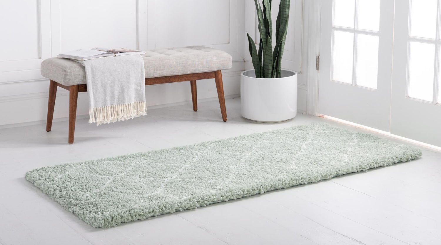 Light Green 2' 7 x 10' Rabat Shag Runner Area Rug Thick Soft Touch Fluffy & Plush Shaggy Pile Durable Geometric Carpet for Luxury Interior Design for Sale at Rug Engine