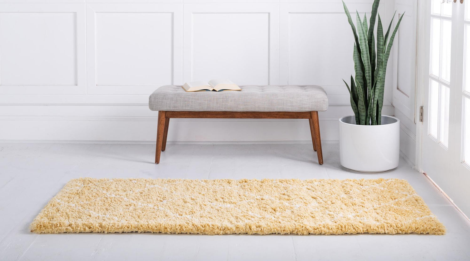 Yellow 2' 7 x 6' 1 Rabat Shag Runner Area Rug Thick Soft Touch Fluffy & Plush Shaggy Pile Durable Geometric Carpet for Luxury Interior Design for Sale at Rug Engine
