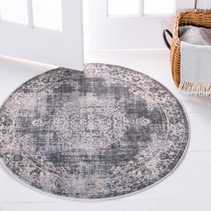 Gray 3' 3 x 3' 3 Leila Round Area Rug 85% Polypropylene & 15% Polyester Durable Traditional Carpet for Kitchens, Bedrooms, Living Rooms, Office for Sale at Rug Engine