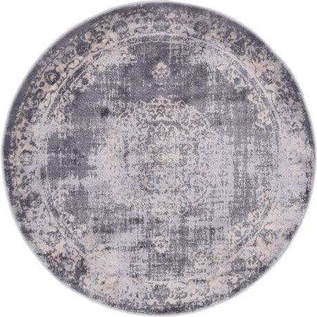 Gray 3' 3 x 3' 3 Leila Round Area Rug 85% Polypropylene & 15% Polyester Durable Traditional Carpet for Kitchens, Bedrooms, Living Rooms, Office for Sale at Rug Engine