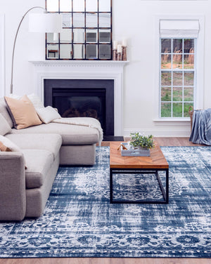 Dark Blue 5' 3 x 8' Leila Rectangle Area Rug 85% Polypropylene & 15% Polyester Durable Traditional Carpet for Kitchens, Bedrooms, Living Rooms, Office for Sale at Rug Engine