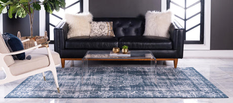 Dark Blue 5' 3 x 8' Leila Rectangle Area Rug 85% Polypropylene & 15% Polyester Durable Traditional Carpet for Kitchens, Bedrooms, Living Rooms, Office for Sale at Rug Engine