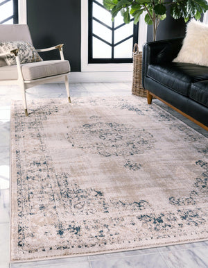 Beige and Blue 3' 3 x 5' 3 Leila Rectangle Area Rug 85% Polypropylene & 15% Polyester Durable Traditional Carpet for Kitchens, Bedrooms, Living Rooms, Office for Sale at Rug Engine