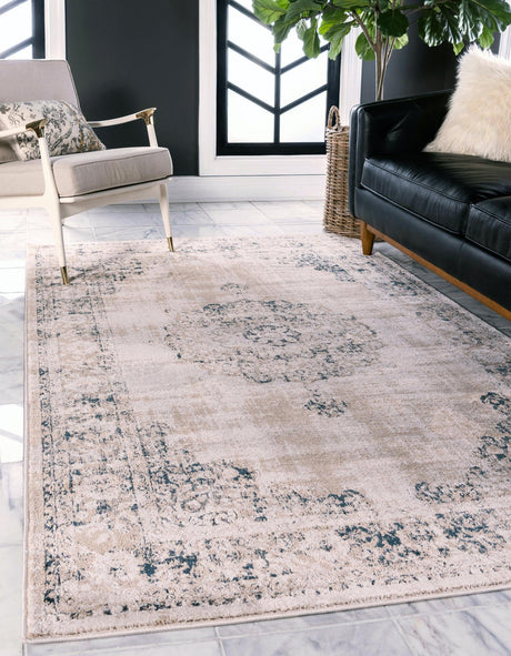 Beige and Blue 3' 3 x 5' 3 Leila Rectangle Area Rug 85% Polypropylene & 15% Polyester Durable Traditional Carpet for Kitchens, Bedrooms, Living Rooms, Office for Sale at Rug Engine