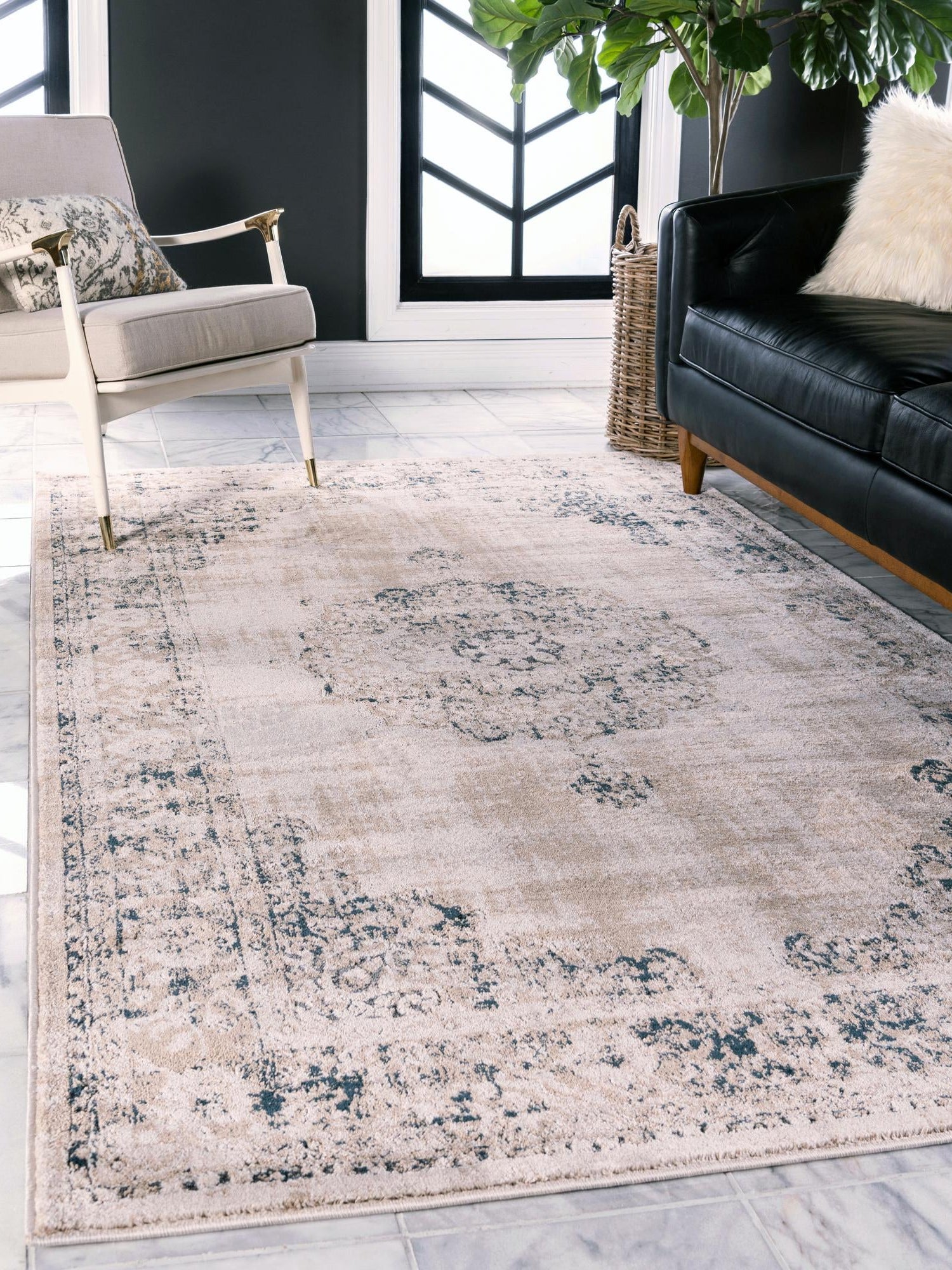 Beige and Blue 2' 2 x 3' 1 Leila Rectangle Area Rug 85% Polypropylene & 15% Polyester Durable Traditional Carpet for Kitchens, Bedrooms, Living Rooms, Office for Sale at Rug Engine