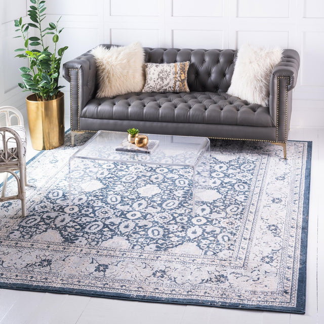 Dark Blue 7' 10 x 7' 10 Leila Square Area Rug 85% Polypropylene & 15% Polyester Durable Traditional Carpet for Kitchens, Bedrooms, Living Rooms, Office for Sale at Rug Engine