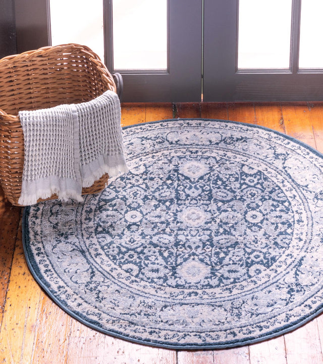 Dark Blue 3' 3 x 3' 3 Leila Round Area Rug 85% Polypropylene & 15% Polyester Durable Traditional Carpet for Kitchens, Bedrooms, Living Rooms, Office for Sale at Rug Engine