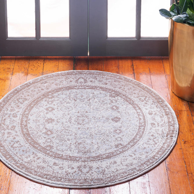 Cream 6' 1 x 6' 1 Leila Round Area Rug 85% Polypropylene & 15% Polyester Durable Traditional Carpet for Kitchens, Bedrooms, Living Rooms, Office for Sale at Rug Engine