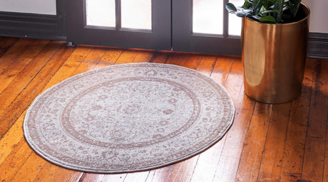 Cream 6' 1 x 6' 1 Leila Round Area Rug 85% Polypropylene & 15% Polyester Durable Traditional Carpet for Kitchens, Bedrooms, Living Rooms, Office for Sale at Rug Engine