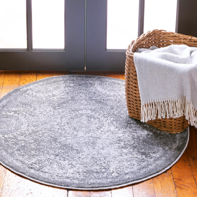 Gray 3' 3 x 3' 3 Leila Round Area Rug 85% Polypropylene & 15% Polyester Durable Traditional Carpet for Kitchens, Bedrooms, Living Rooms, Office for Sale at Rug Engine